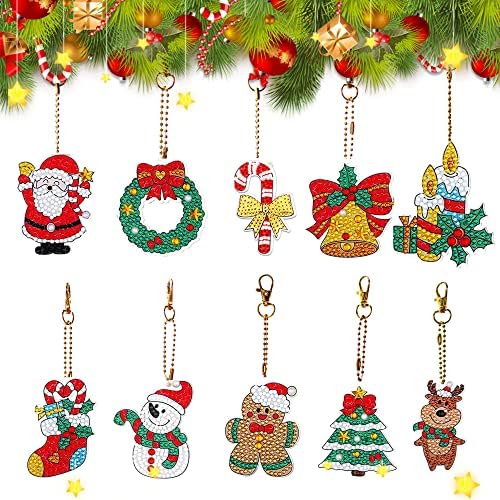 SUNMAİO 10 adet 5D DIY Noel Elmas Boyama Anahtarlık Anahtarlık Taklidi Kiti Noel Kolye Dekoratif Asılı Süsleme