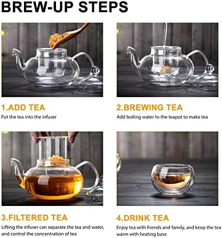 Cam çaydanlık seti, 27 OZ / 800 ML Stovetop Güvenli cam çaydanlık ile 6 Küçük Çift Duvar çay fincanları ve Gevşek