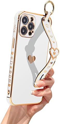 Jusy Kayış ile iPhone 11 Pro Max Kılıf ile uyumlu, Sevimli Lüks Kaplama Kalp Desen Bileklik Kickstand ile Elektroliz
