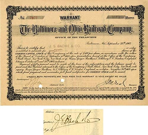 Baltimore ve Ohio Demiryolu A. Ş. jules S. Bache tarafından imzalanmış-Stok Garanti Belgesi