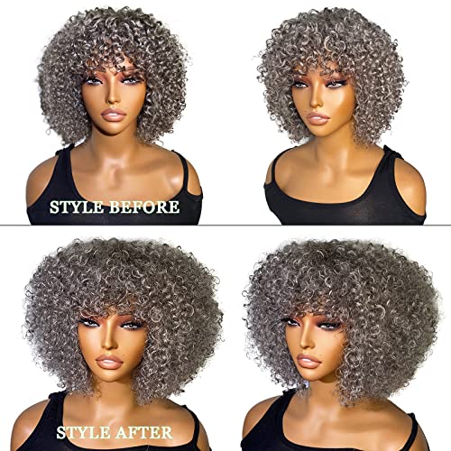 FLACE Gri insan saçı peruk Siyah ve Gri Peruk Tutkalsız Gri kahküllü peruk Gri Peruk Kadınlar için Gri Afro Kıvırcık