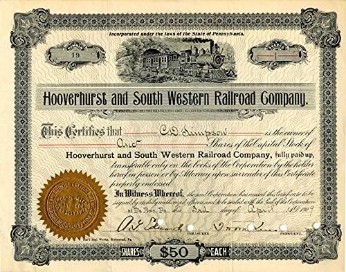 Hooverhurst ve Güney Batı Demiryolu A. Ş. A. G. Edwards tarafından imzalanmış - Hisse Senedi Sertifikası