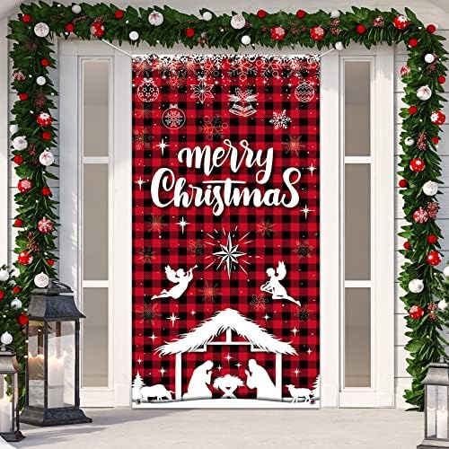 Tıamon Kutsal Doğuş Noel Kapı Kapak Merry Christmas Buffalo Ekose Kapı Zemin Noel Fotoğraf Arka Plan Kapı Süslemeleri
