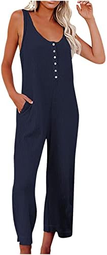 PANOEGSN Bayan Waffle Örgü Tulumlar Tulum Kolsuz Düğme Tulum Yaz Tek Parça Kıyafetler Rahat Düz Uzun Pantolon