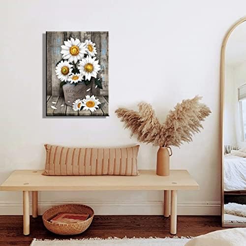 Çerçeveli Rustik Çiftlik Evi Beyaz Ayçiçeği duvar sanat dekoru resim baskı Çiçek Vintage Ahşap Tahıl Tuval Sanat Oturma