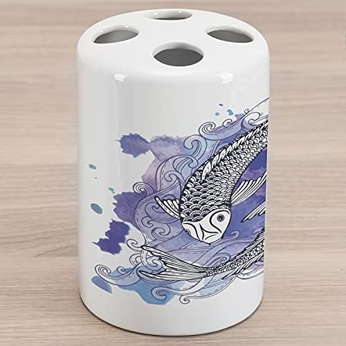 Lunarable Koi Balık Seramik Diş Fırçası Tutacağı, Mor Zemin Üzerine Japon Sazanları Eskiz Sanatı Elle Çizilmiş Şekiller,