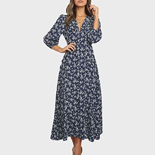 ADHOWBEW Bahar Elbiseler Kadınlar için 2023 Uzun Kollu Bohemian Çiçek Maxi Elbiseler Casual Düğme Aşağı Dökümlü Elbise