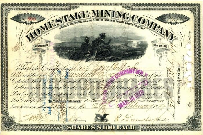Homestake Madencilik A. Ş. - Whitewood Freze Bölgesi, Lawrence İlçesi, Dakota Bölgesi - Stok Sertifikası