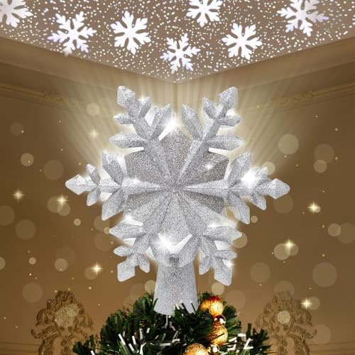 Joıedomı Noel ağacı Toppers, 3D Hollow kar tanesi ağacı Topper noel ağacı süslemeleri için dönen LED projektör ışıkları