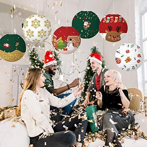 Songjum 6 ADET 12 İnç Noel Asılı Kağıt Fenerler ile Bir Geyik Sticker Noel Renkli Kağıt Fenerler Noel Topları Kağıt