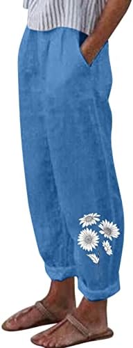 Kadın Keten Kırpılmış Pantolon Çiçek Baskılı Geniş Bacak Pantolon Cepler ile Yüksek Belli Rahat Yaz Baggy Pantolon