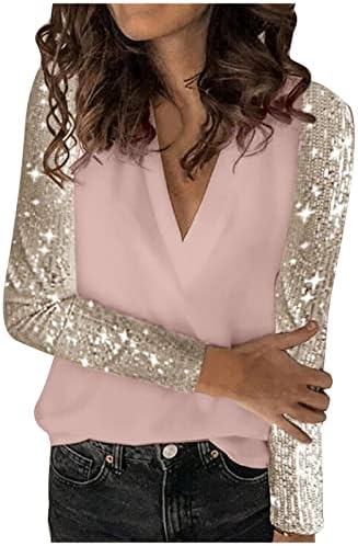Gömlek Bayanlar Yaz Sonbahar 2023 Elbise Uzun Kollu V Boyun Gevşek Fit Pullu Sparkly Casual Bluz Tee Genç Kızlar için