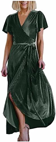 Kadife Elbiseler kadın Şerit Rahat Resmi Elbise Wrap V Boyun Bölünmüş Uzun Maxi Elbise Kısa Kollu Akşam Kokteyl Elbisesi