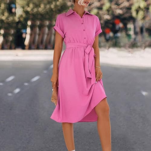 WPOUMV Yaz Midi Elbiseler Kadınlar ıçin Moda Kısa Kollu Yaka V Boyun Elbise Rahat Düz Renk Düğme Up Elbise Kemer