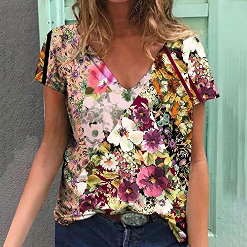 Bayan Yaz Bluzlar Casual Çiçek Baskı Kısa Kollu V Boyun Baggy Rahat Rahat Günlük T-Shirt Gevşek Üstleri
