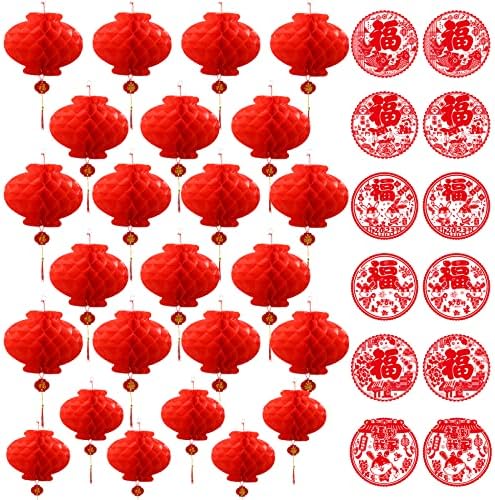 38 Adet Çin Kırmızı Fenerler Seti, 26 Adet 6/10 İnç Çin Kırmızı Plastik Fenerler ile 12 Adet Pencere Sticker Çin Yeni