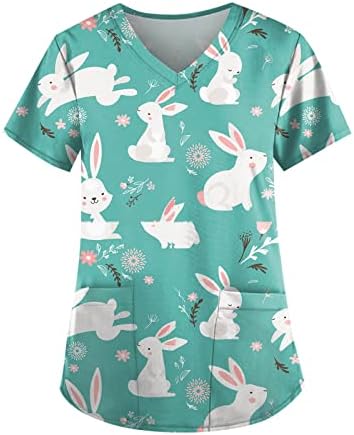 Paskalya Gömlek Kadınlar için Gevşek Üstleri O Boyun Sevimli Tavşan Grafik Tunik Tees Gömlek Kısa Kollu Moda Bluz