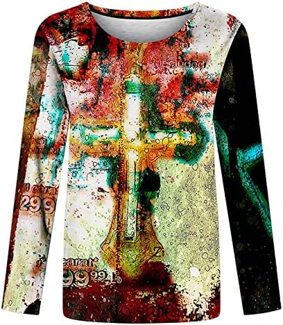 İsa Çapraz Uzun Kollu Gömlek Kadınlar için Ekip Boyun Vintage Batik Baskı Üstleri Bayanlar Raglan Rahat İnanç Bluz