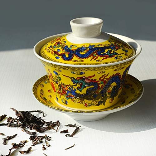 vv8oo Gaiwan Çay Fincanı 7oz Çin Ejderha Sancai Kapak Kase Dudak fincan tabağı seti için Gongfu Çay (Sarı)