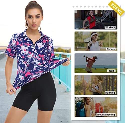 Koscacy Bayan Çeyrek Zip polo gömlekler Kısa Kollu Hızlı Kuru Golf Tenis Atletik Üstleri (S-2XL)