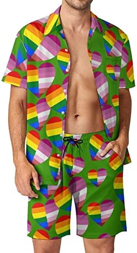 WEEDKEYCAT LGBT Transseksüel Gurur Bayrağı Kalp erkek Plaj Kıyafetleri 2 Parça Hawaii Düğme Aşağı Gömlek Kısa Kollu