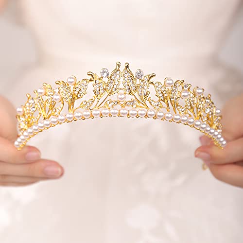 JWICOS İnci Tiara Taç Kadınlar için Altın Kraliçe Taç Kızlar için Prenses Tiara Kafa Bandı Balo Pageant Parti Doğum