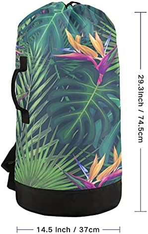 Tropikal Palmiye Yaprakları Çamaşır Torbası Omuz Askılı ve Kulplu Ağır Hizmet Tipi Çamaşır Sırt Çantası İpli Kapaklı
