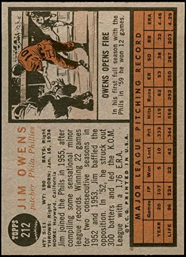 1962 Topps 212 Jim Owens Philadelphia Phillies (Beyzbol Kartı) NM / MT Phillies