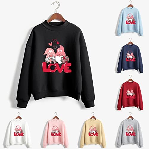 Sevgililer Günü Üstleri Kadın Sevimli Cüceler T-Shirt Aşk Kalp Baskı Tişörtü Uzun Kollu Tatil Damla Omuz Kazak