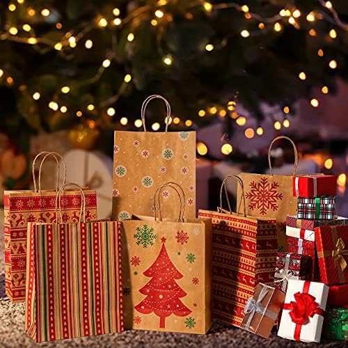 MESHA Küçük Noel Hediye çanta Tatil 24 Adet Klasik Çeşitli Kraft Kağıt Hediye Çanta Toplu Çeşitli Noel Baskılar ile