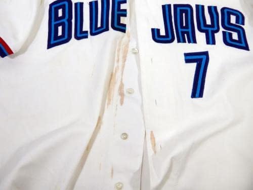 2001 Dunedin Blue Jays 7 Oyun Verilmiş Beyaz Forma 911 Bayrak Yaması 50 DP14223 - Oyun Kullanılmış MLB Formaları