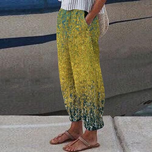 Yaz kapri pantolonlar Kadınlar için Kadın cepli pantolon Rahat Yüksek Bel Baskı Pamuk Gevşek Uzun Düz Pantolon