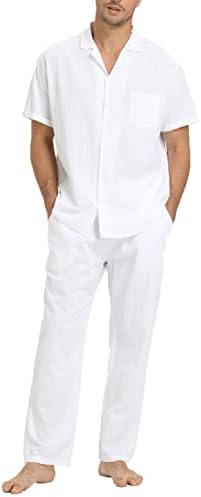 RPOVIG Keten Gömlek Pantolon Kıyafetler: erkek Keten Setleri 2 Parça Kısa Kollu Gömlek Yoga Pantolon Plaj Düğün Takımları
