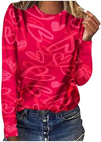 Pembe Sevgililer Günü Kadınlar için Sevimli Kalp Baskı Uzun Kollu Gömlek Şık Crewneck Tunik Üstleri giymek tayt