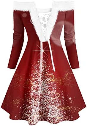 Bayan Noel Elbiseler Rahat Noel Baskılı Vintage Parti Dantel Up Elbise Kadınlar için