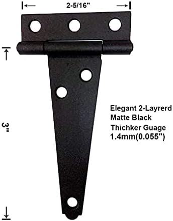 QCAA Çelik Hafif T Menteşe, 3x2-5/16 x1.4mm, Zarif 2 Katmanlı Buzlu Mat Siyah, Toz Boyalı, 6 Paket