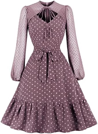1950 s Vintage Bayan Elbise Polka Dot Ilmek Audrey Hepburn Tarzı Uzun Kollu Dantel V Boyun Akşam Parti Salıncak Elbiseler