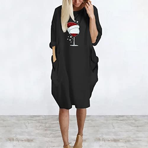 Kadın Midi Elbiseler Uzun Kollu O-Boyun Gevşek Artı Boyutu Gömlek Elbise Noel Tatili Plaj Casual Sundress