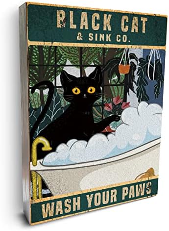 Rustik Retro Banyo kutu işareti Ahşap Siyah Kedi Yıkama Pençeleri Ahşap Blok İşareti Plak Ev Tuvalet Tuvalet Duvar