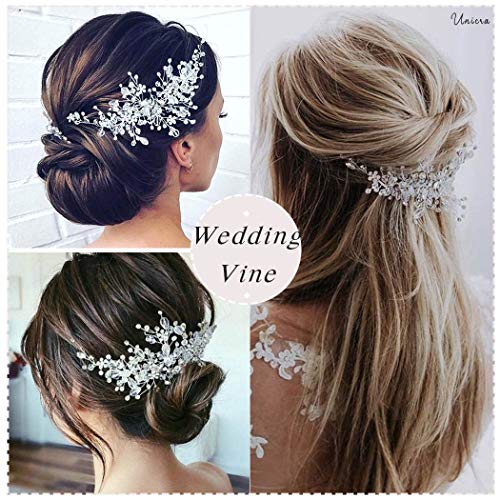 Unicra Gelin Çiçek Düğün Saç Vine Kristal Gelin saç parçası İnci saç aksesuarları Kadınlar ve Kızlar için (Gümüş)