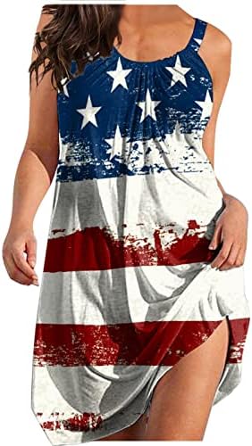 4th Temmuz Plaj Elbiseleri Kadınlar için Yaz Casual Bohemian Elbise ABD Bayrağı Kolsuz Scoop Boyun Dökümlü Mini Sundress