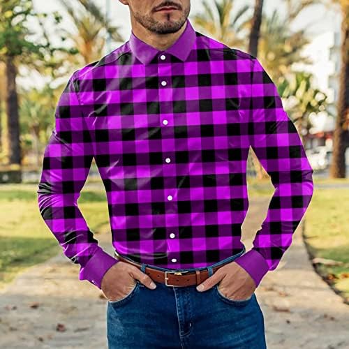 XXBR Erkek Kontrol Düğme Aşağı Gömlek Uzun Kollu Ekose Yatak Açma Yaka Elbise Gömlek Sokak Vintage İş Casual Tops