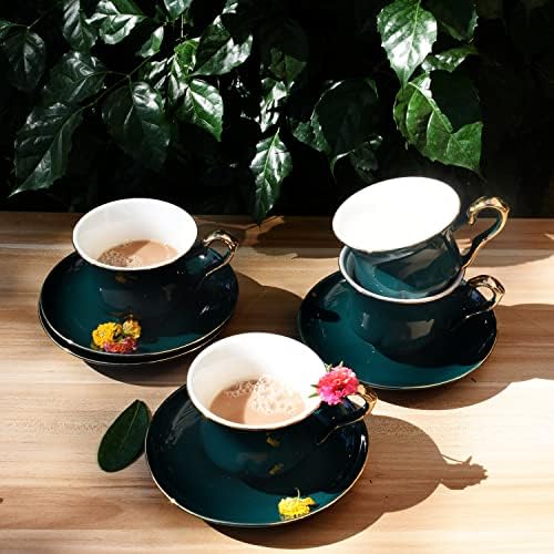 Jomop gotik tarzı seramik çay bardağı ve altlık seti altın kaplama 4'lü set (Koyu Yeşil)