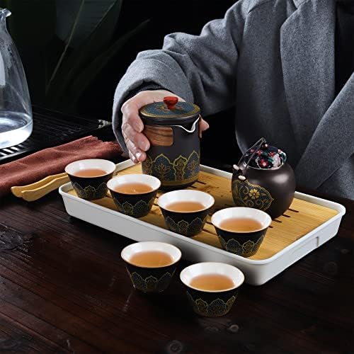 fanquare Siyah Gongfu çay seti Seyahat, Çin Kung Fu çay seti ile Altın Trim, porselen çay seti ile Taşınabilir Çanta