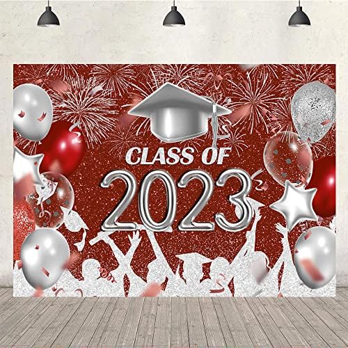 Ticuenicoa 7x5ft Kırmızı ve Gümüş Mezuniyet Fotoğraf Backdrop Sınıf 2023 Arka Plan Lisans Kap Glitter Balon Grad Tebrikler