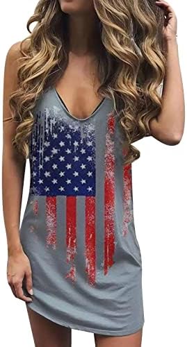 4th Temmuz Mini Elbiseler Kadınlar için Gevşek Rahat Yaz Mini Elbise Kolsuz V Boyun Amerikan Bayrağı Yıldız Çizgili