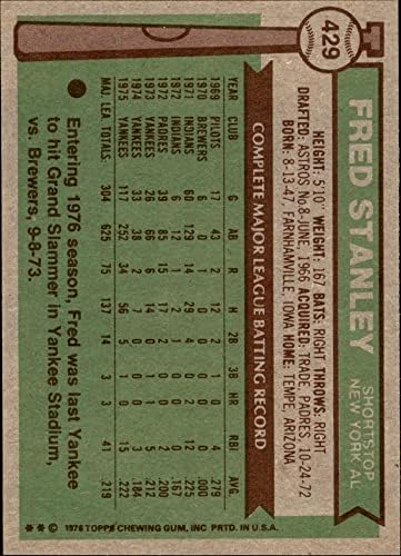 1976 Topps 429 Fred Stanley New York Yankees (Beyzbol Kartı) NM / MT + Yankees