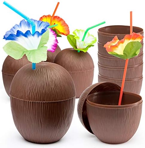 PREXTEX 18 Paket Hindistan Cevizi Bardak Çiçek Payet Hawaiian Luau Tiki veya Plaj Temalı Parti Büküm Yakın Kapaklı-Eğlenceli