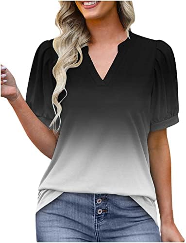 lcepcy V Boyun Puf Kollu Bluz Kadınlar için Zarif Yaz Ofis Üstleri Gevşek Fit Tişörtleri Tayt ile Giymek