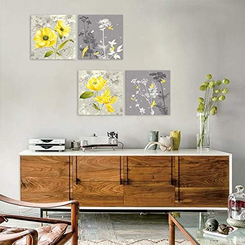 Sarı Çiçek Duvar Sanatı Sarı ve Gri Gri Çiçekler Baskı Tuval Ev Dekor Çıkartmaları Resimleri 4 Paneller Poster Yatak
